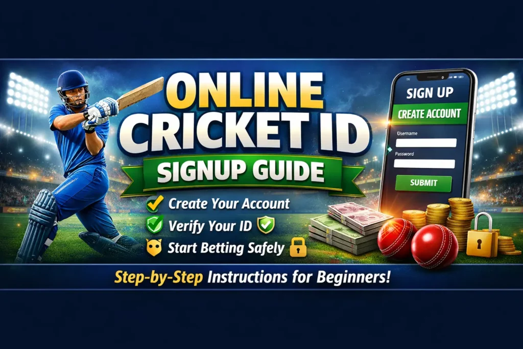 Online Cricket ID Signup Guide image showing batsman, signup form, and betting icons.