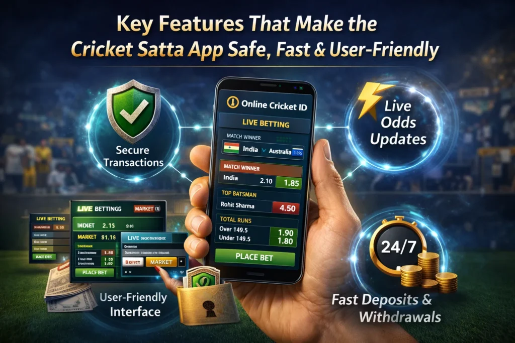 Key features of Cricket Satta App including live odds, secure transactions, fast payouts, and user-friendly interface on Online Cricket ID.