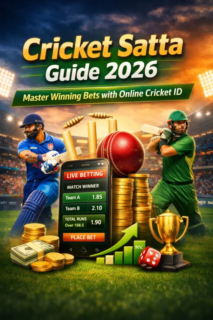 "Cricket Satta Guide 2026 illustration showing online cricket betting with players, coins, and mobile odds."
