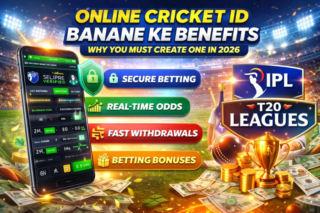 Infographic showing Online Cricket ID benefits like secure betting, odds, and fast withdrawals.
