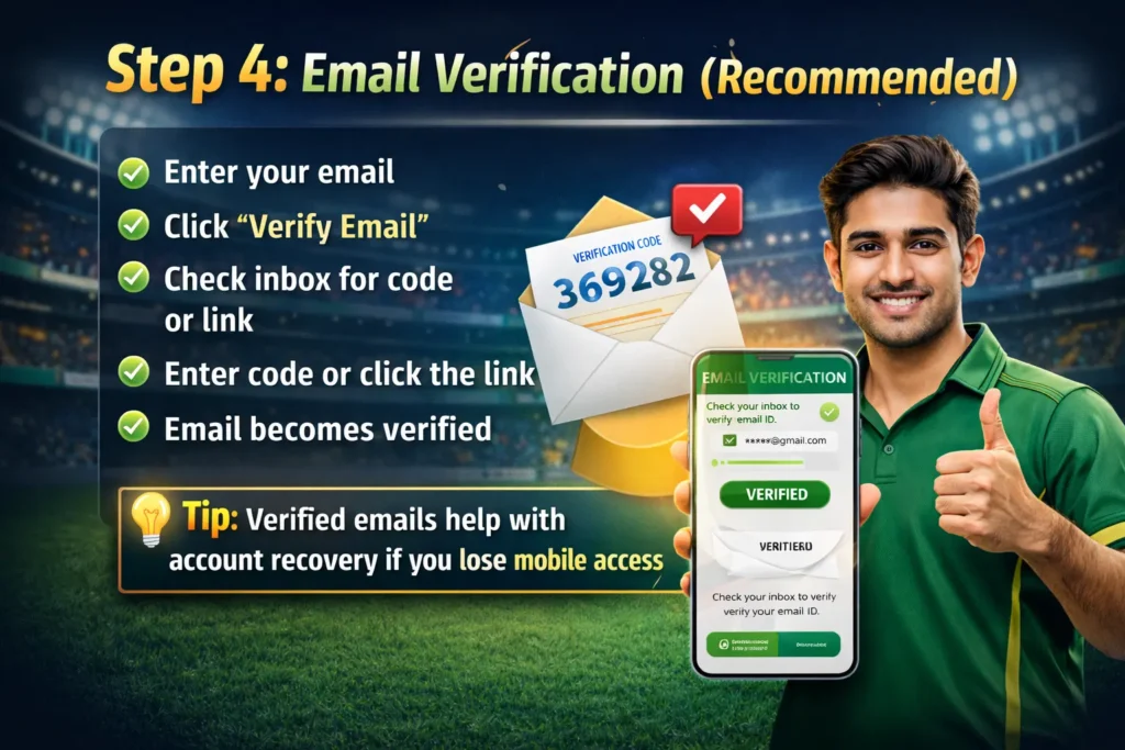 “User verification process for Online Cricket ID showing OTP code, inbox check instructions, and a user holding a phone with verification success message.”