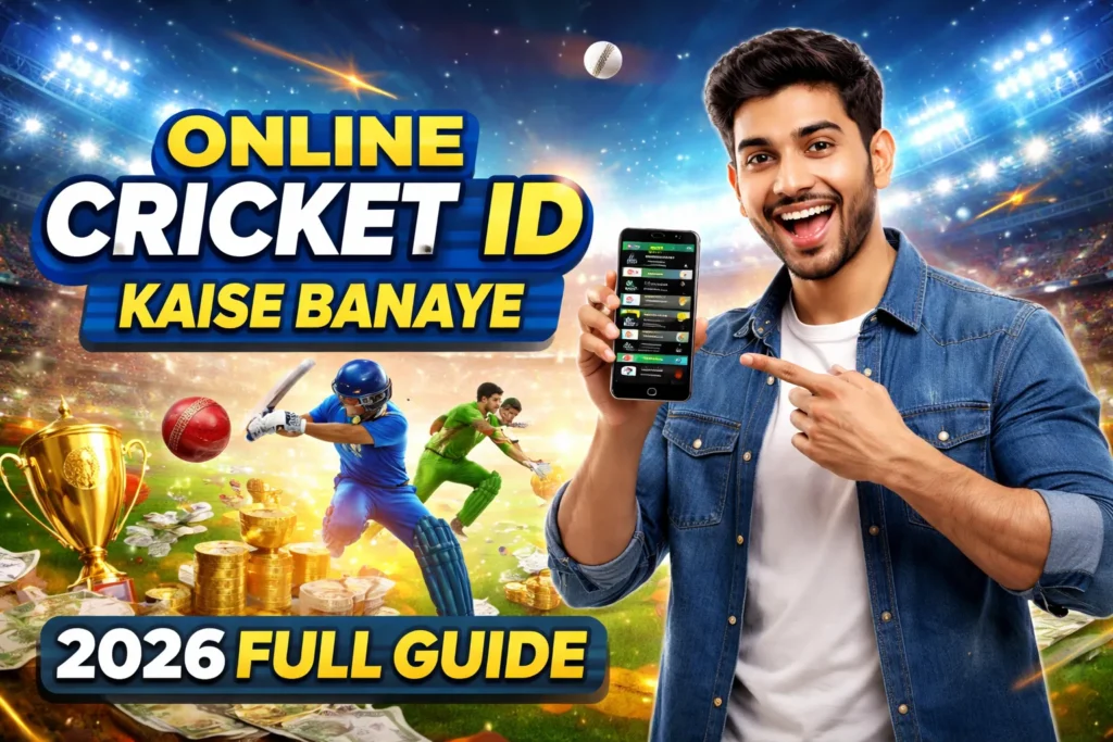 Online Cricket ID Kaise Banaye 2026 banner with mobile app and cricket stadium background.
