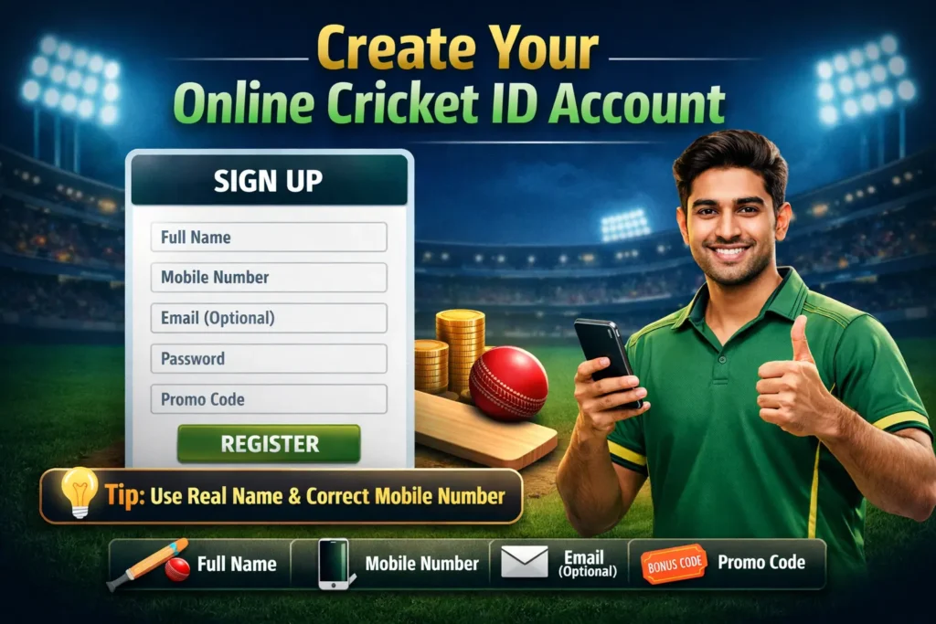 “Online Cricket ID signup page with player holding mobile phone and registration form showing name, mobile number, email, password and promo code fields.”