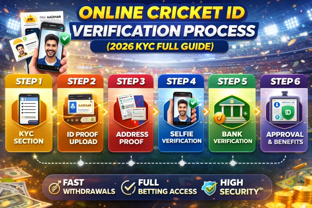 Online Cricket ID verification steps infographic with Aadhaar, selfie, and bank verification icons.