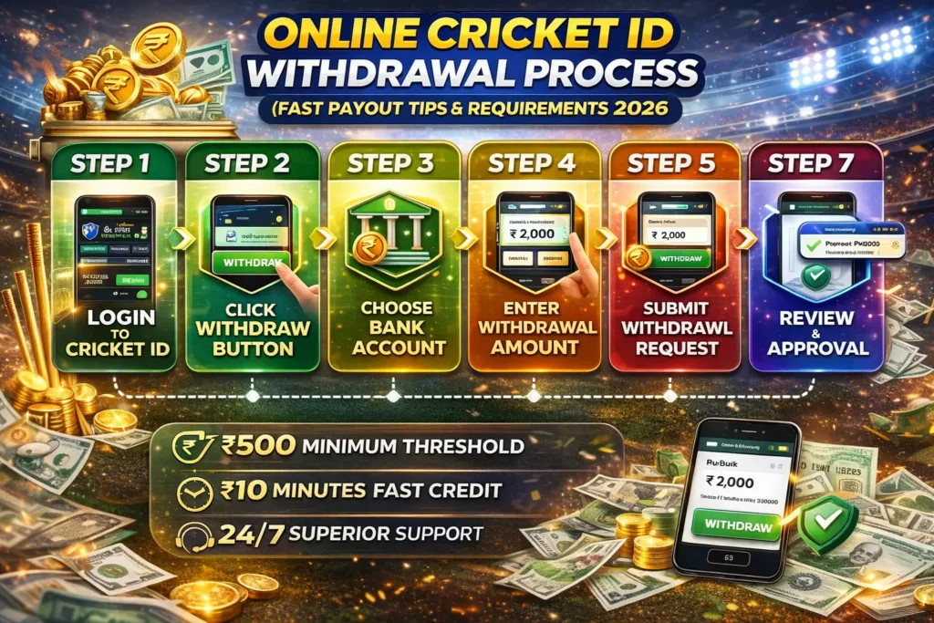 2026 Online Cricket ID withdrawal infographic with step-by-step payout process.