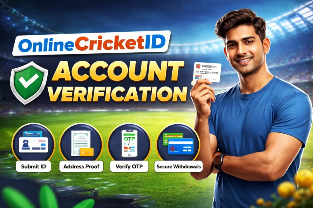 "OnlineCricketID account verification banner showing secure KYC process steps for new users"