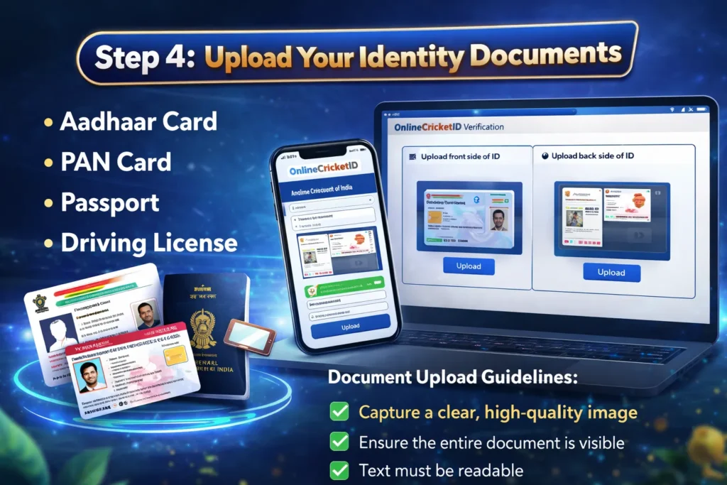 "OnlineCricketID KYC documents required including Aadhaar card, PAN card, passport, and driving license"
