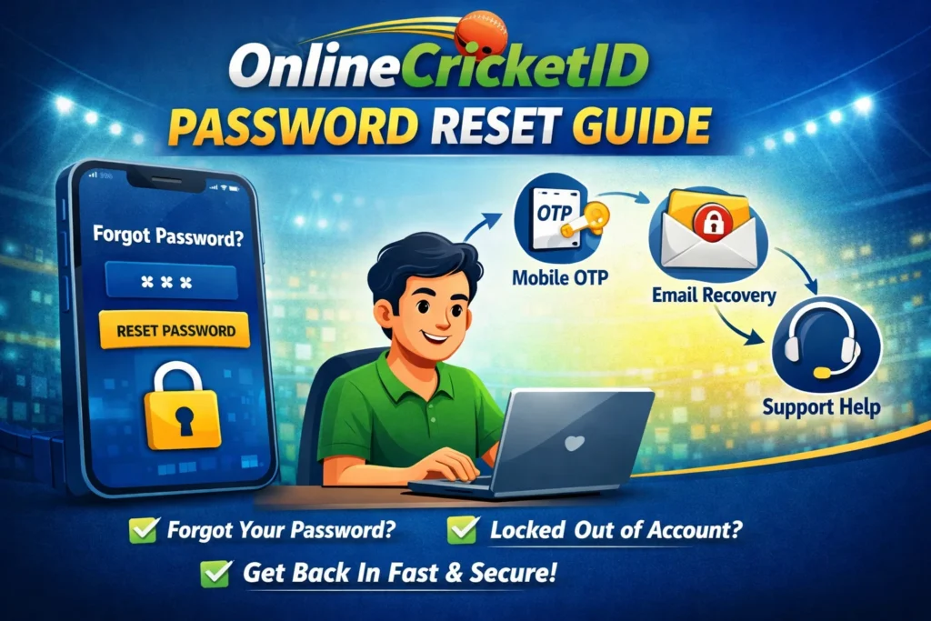 "OnlineCricketID password reset guide infographic showing OTP, email recovery, and support options."