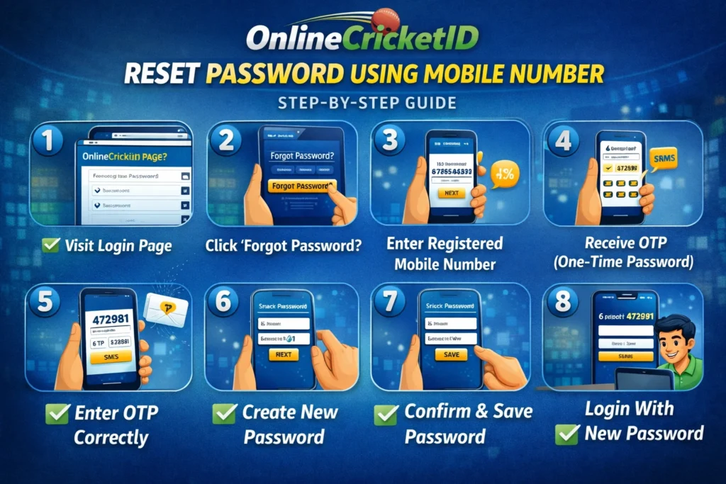 "Step-by-step OnlineCricketID password reset using mobile number and OTP verification."