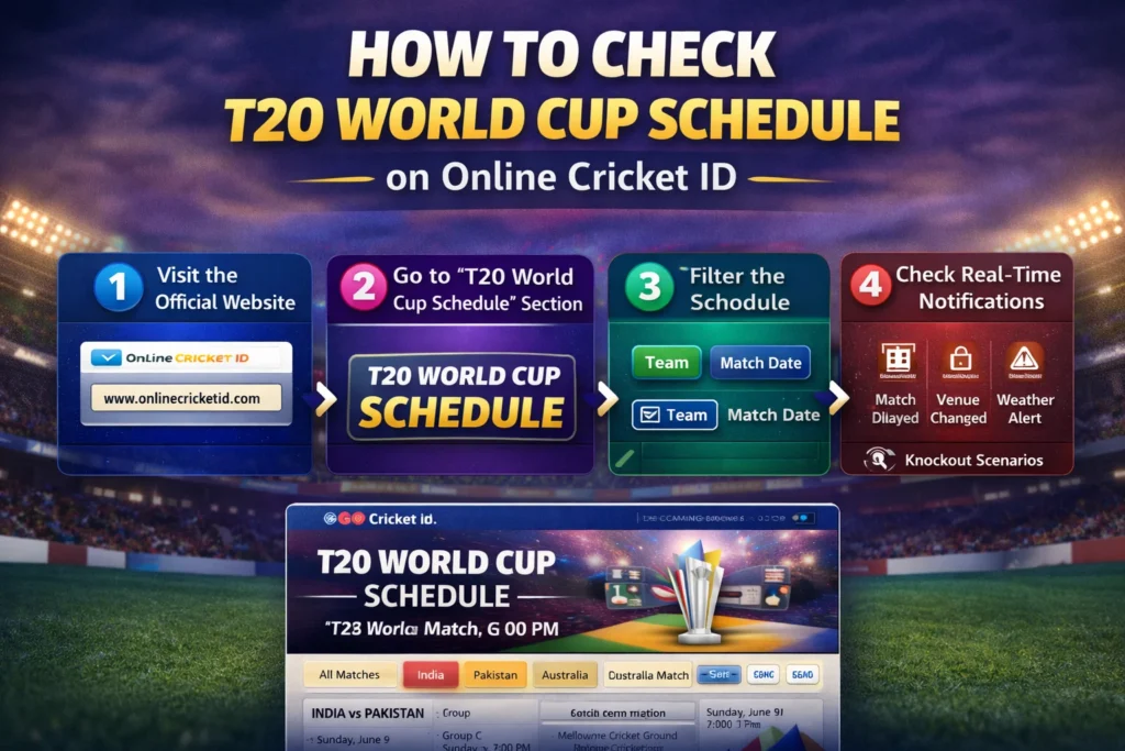 Step-by-step infographic showing how to check the T20 World Cup Schedule on Online Cricket ID.