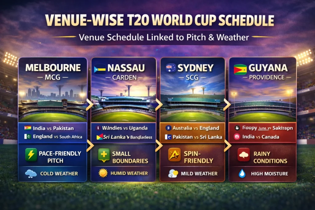 Venue-wise T20 World Cup Schedule infographic showing Melbourne, Nassau, Sydney, and Guyana stadium details with pitch and weather conditions.
