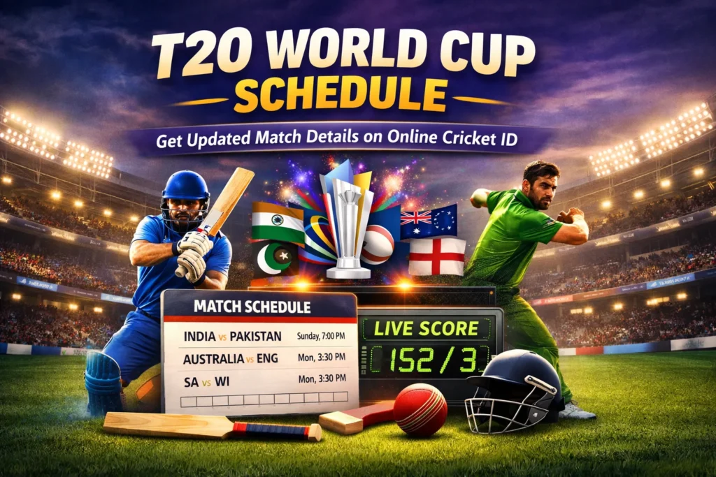 Informational T20 World Cup Schedule banner with upcoming match dates and venue details.