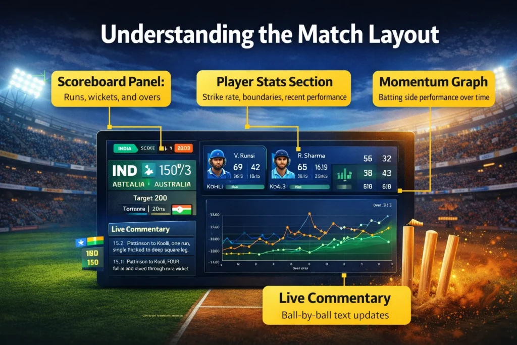 Batting Play match layout showing scoreboard panel, player stats, momentum graph and live commentary interface