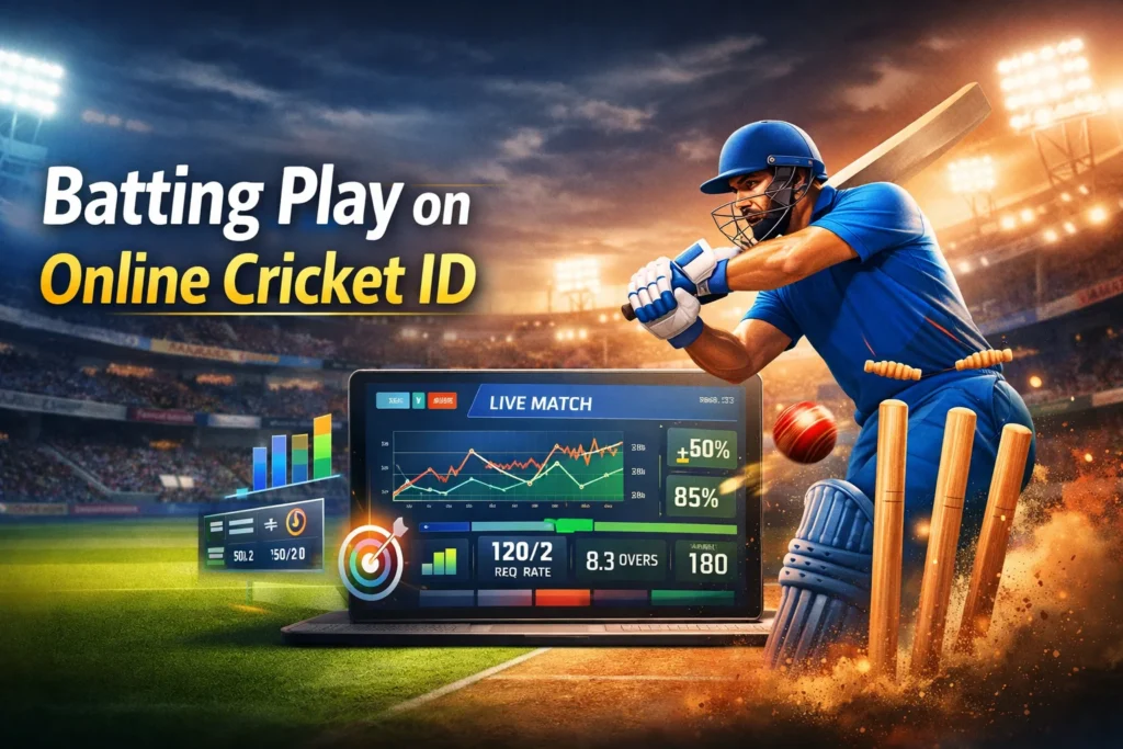 Batting Play on Online Cricket ID showing live cricket action, batsman shot and real-time match stats dashboard