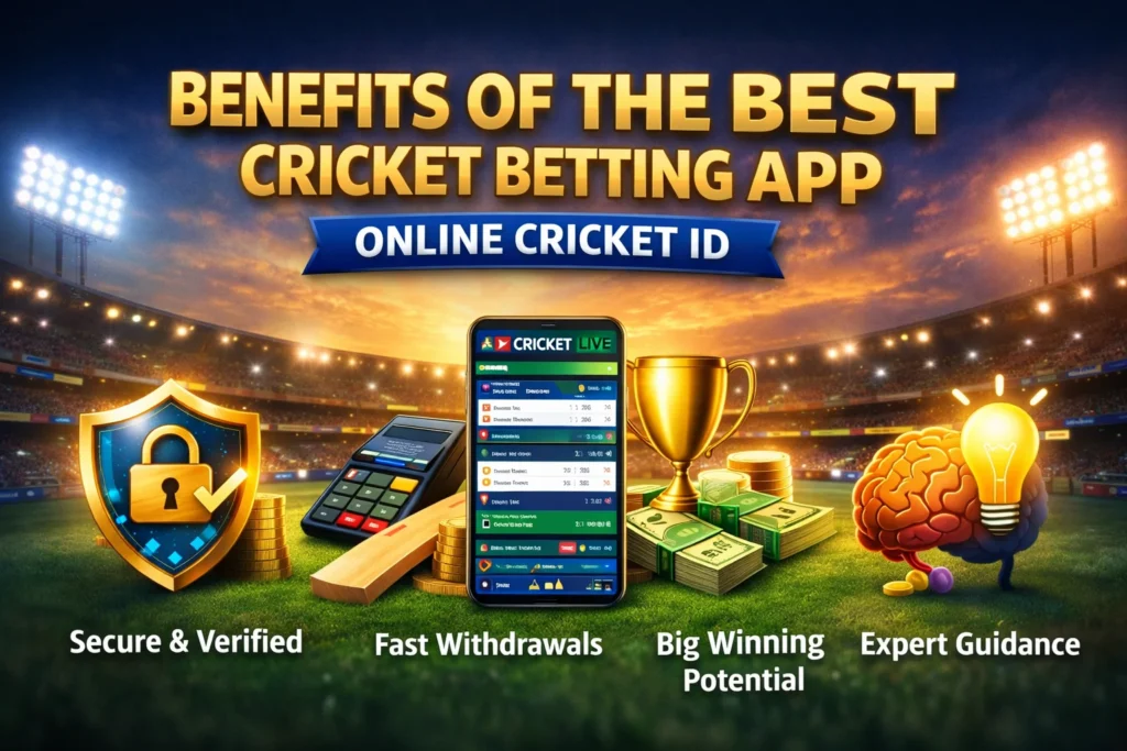 Graphic displaying benefits of Online Cricket ID including security, fast withdrawals, big winning potential, and expert guidance.