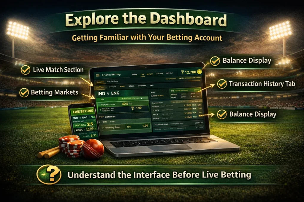 Live cricket betting account dashboard showing balance display, betting markets and transaction history with Sport Betting ID