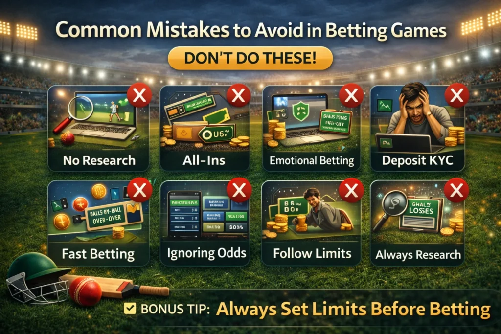 Infographic showing common mistakes in betting games like no research, emotional betting, and fast betting.