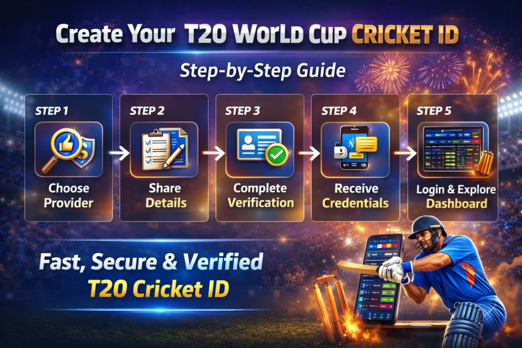 Illustrated steps showing how to create a T20 World Cup Cricket ID with verification and dashboard login.