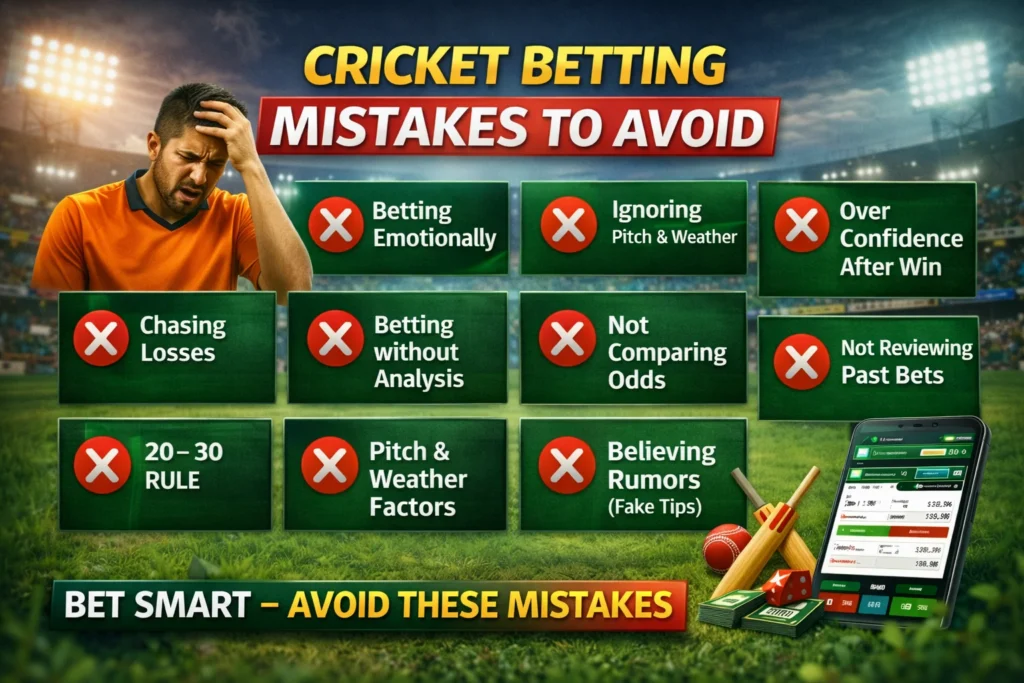 Cricket betting mistakes graphic showing red X symbols, key mistakes, and safe betting reminders.