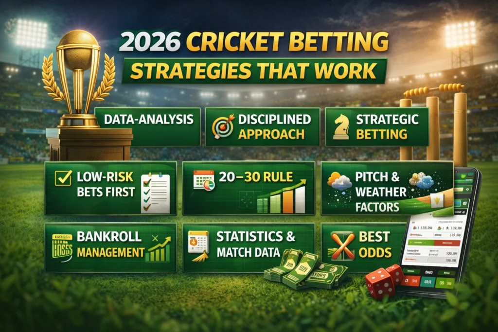 Cricket betting strategies 2026 banner with strategy icons, trophy, odds display, and bankroll management visuals.