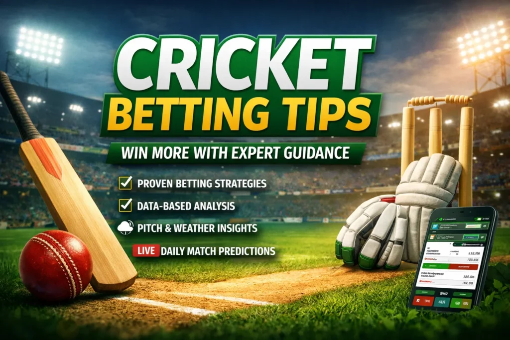 Cricket betting tips banner with bat, ball, gloves, stadium lights, and expert guidance highlights.