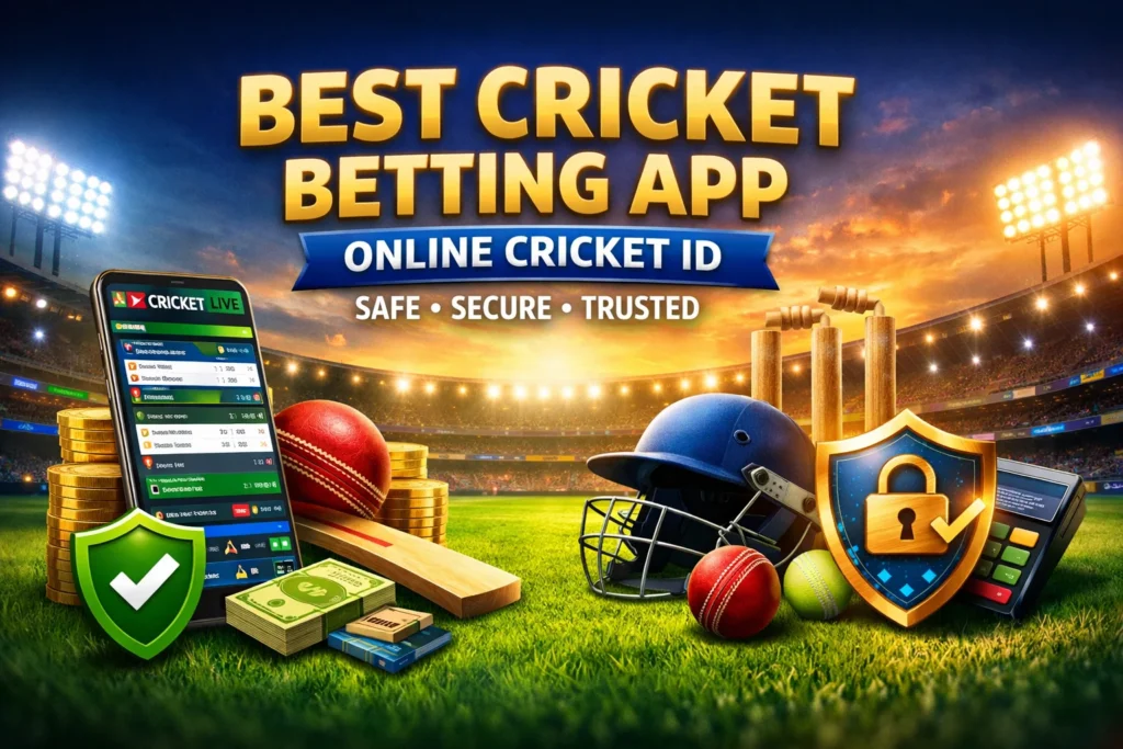 Best Cricket Betting App promotional banner with cricket stadium, betting screen, coins, and security shield for Online Cricket ID.