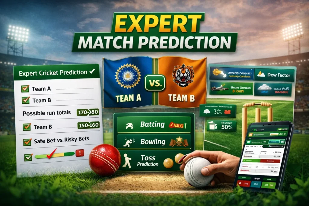 Expert cricket match prediction graphic showing team comparison, prediction checklist, weather insights, and betting odds.