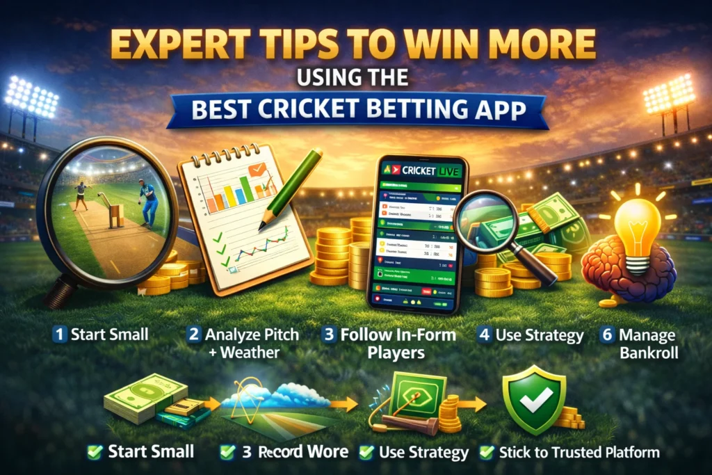 Infographic of expert cricket betting tips including analysis, strategy, bankroll management, and trusted platform guidance.