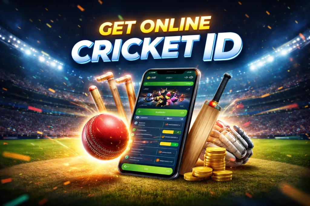 Get Online Cricket ID on a secure online cricket platform with mobile dashboard and cricket stadium background