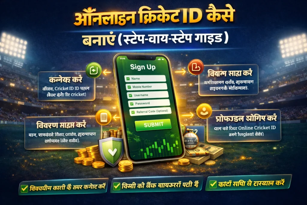 Infographic showing steps to create an Online Cricket ID with smartphone signup screen and icons.