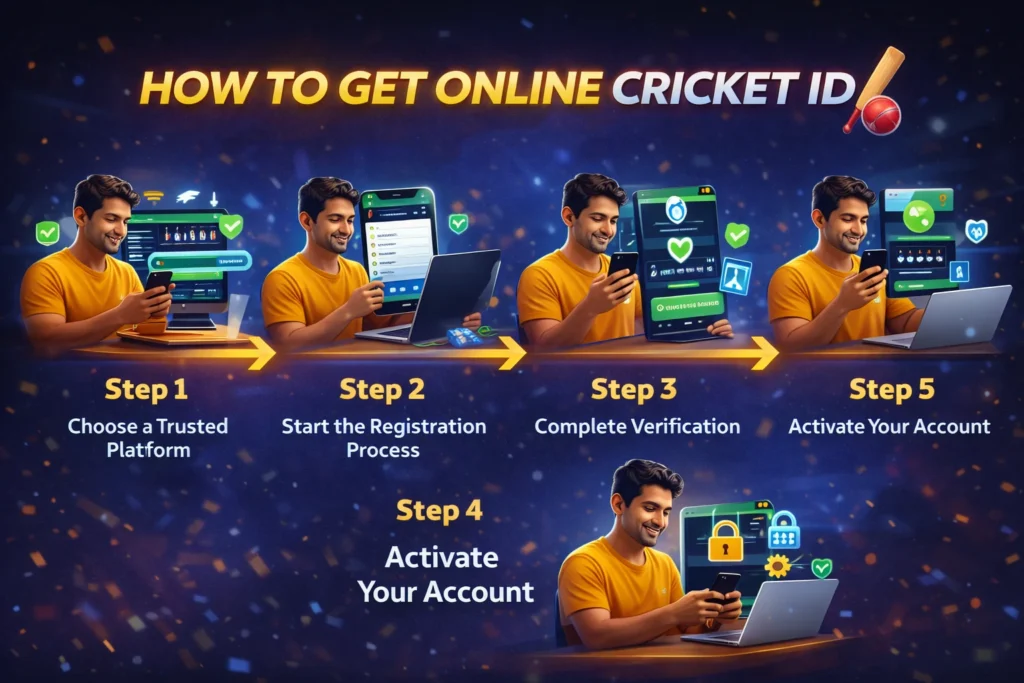 Infographic showing steps to Get Online Cricket ID including registration and verification process
