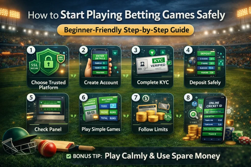 Step-by-step infographic explaining how beginners can start playing betting games safely on Online Cricket ID.