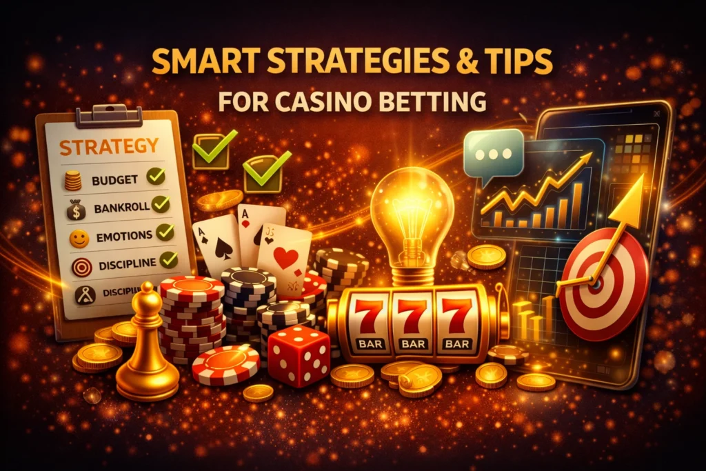 Digital illustration showing step-by-step guide for starting online casino betting. Features mobile screen with Online Cricket ID interface, poker chips, cards, roulette wheel, money deposit icons, and glowing “How to Start Casino Betting” text.