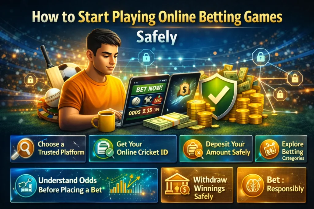 Illustrated step-by-step guide for beginners to start playing Online Betting Games safely with odds, deposits, and secure ID.