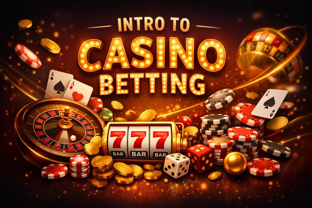 Digital illustration showing casino betting elements including roulette wheel, slot machine, poker chips, dice, and playing cards with “Intro to Casino Betting” text.