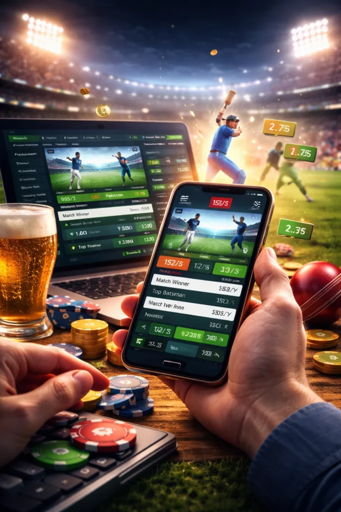 Live cricket betting through Sport Betting ID showing real-time odds and in-play match updates