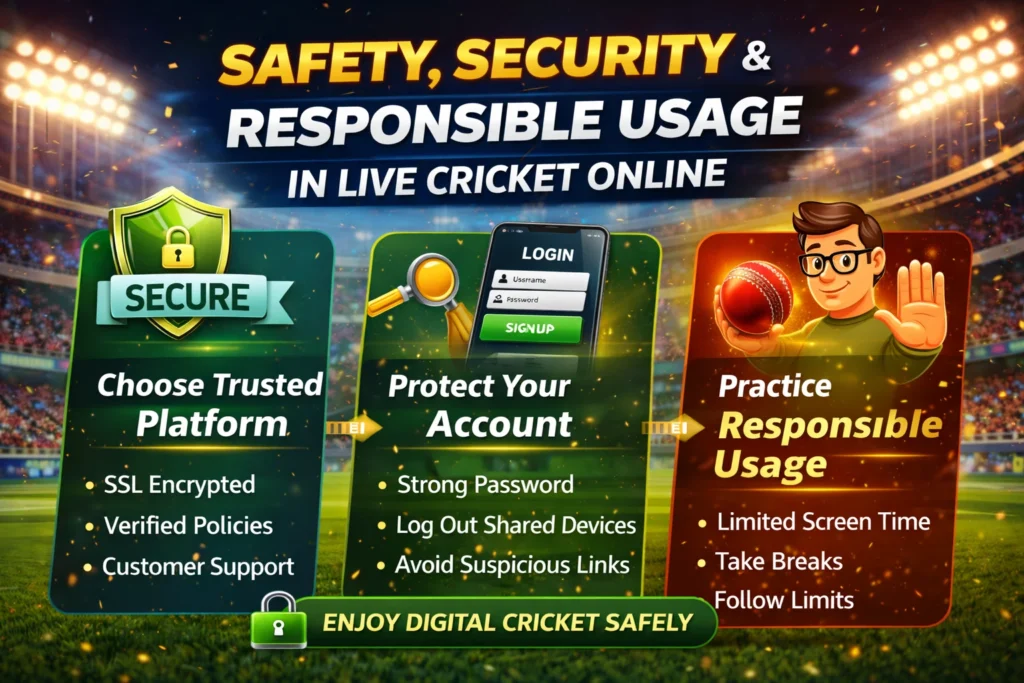 Infographic about safety, secure login, and responsible usage in Live Cricket Online platforms.
