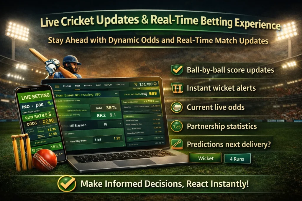 Live cricket updates with real-time betting account interface showing dynamic odds and ball by ball score