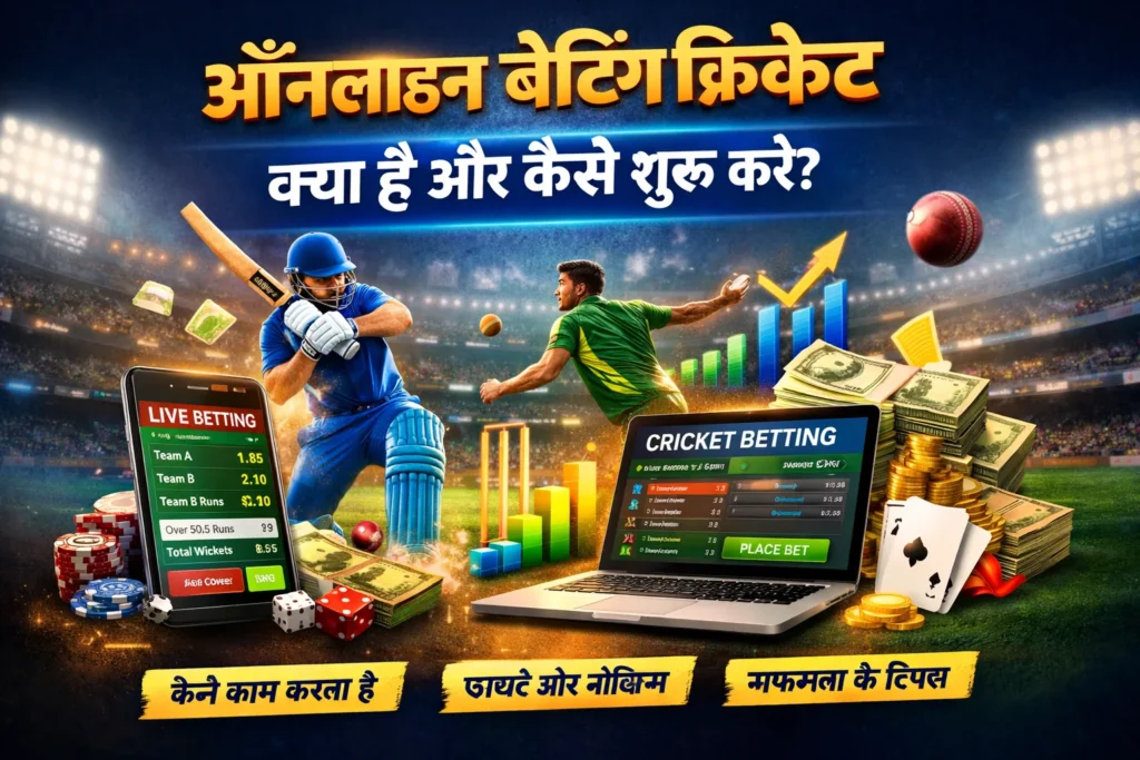A cricket betting introduction graphic showing players, mobile betting screen, stadium background, and live odds.