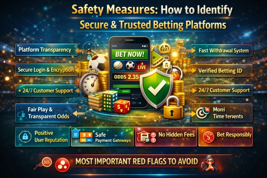 Online Betting Games safety measures infographic with secure login, fast withdrawal, and verified platform icons.