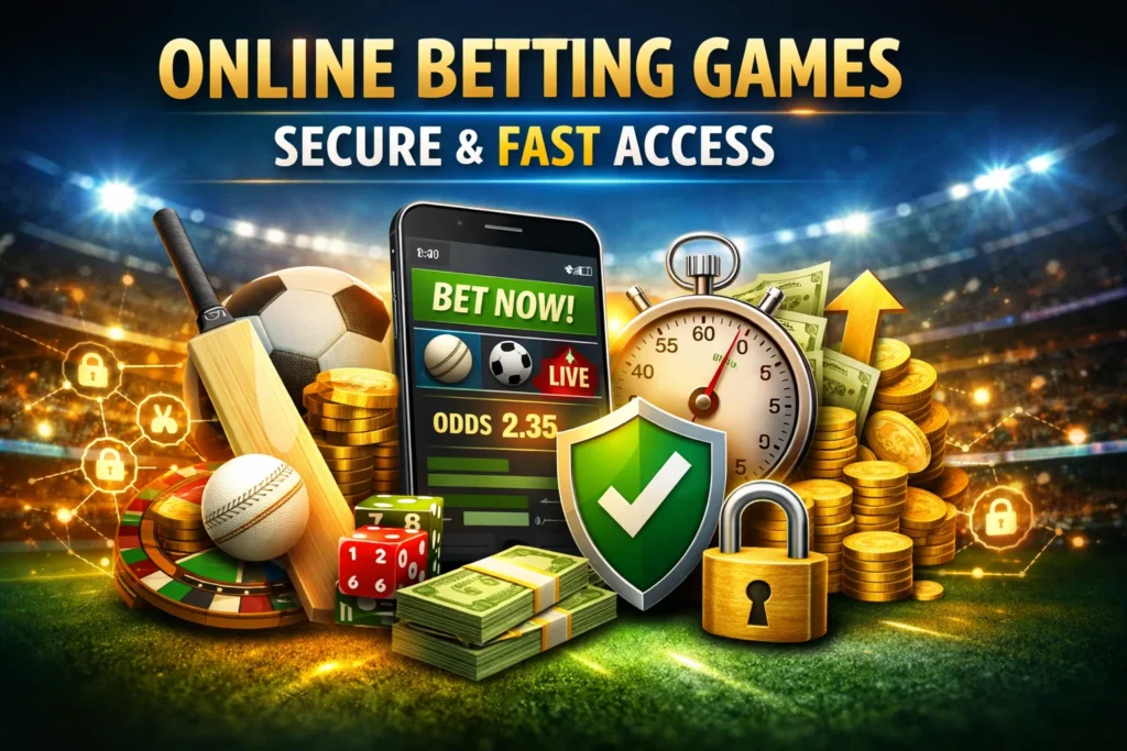 Online Betting Games secure and fast access graphic with mobile betting screen, cricket bat, coins, and security shield.