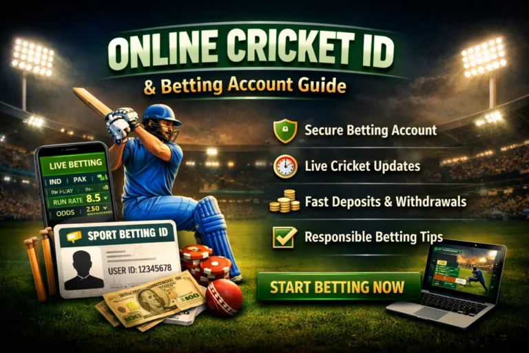 Online Cricket ID dashboard with betting account interface, live cricket betting odds and Sport Betting ID card illustration