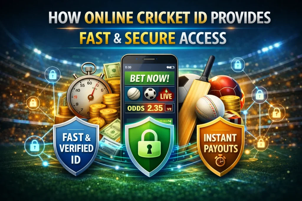 Online Cricket ID fast and secure access illustration with shields, mobile betting app, and payout icons.