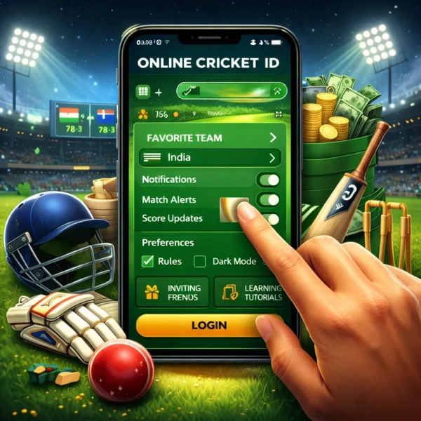 Online Cricket ID dashboard showing cricket platform features, notifications settings and live match interface