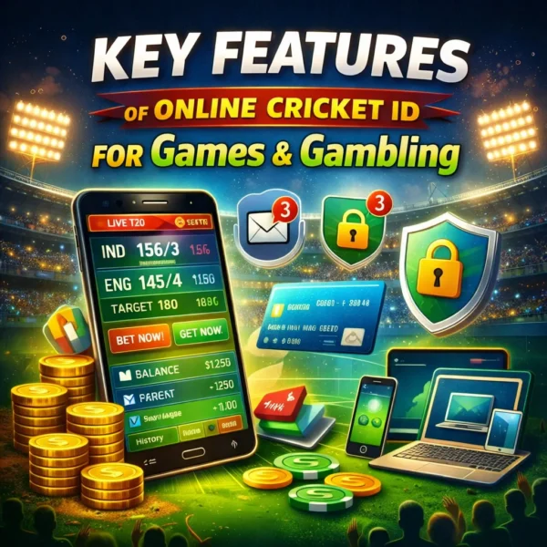 Online Cricket ID mobile interface showing live cricket scores, balance dashboard and secure gaming features