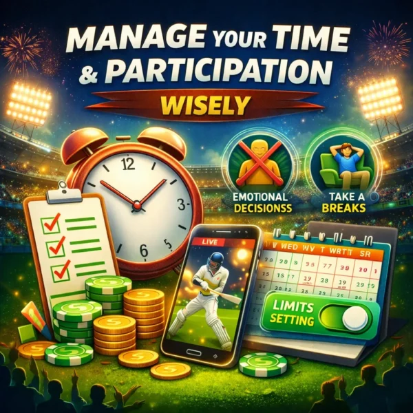 Clock and mobile cricket app illustration explaining responsible Games and Gambling participation using Online Cricket ID