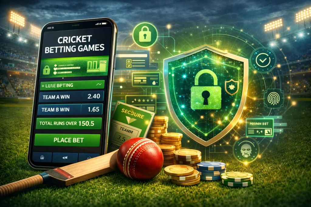 Secure betting platform visuals with lock shield, odds panel, cricket gear, and Online Cricket ID interface.