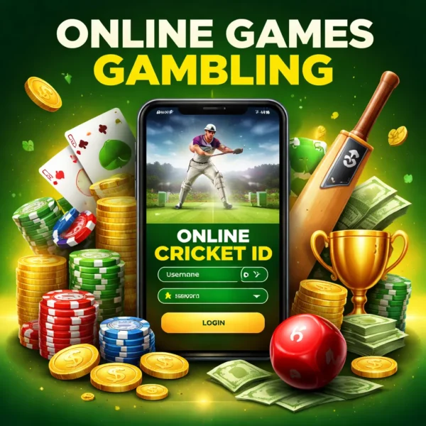Online Games Gambling concept showing smartphone with Online Cricket ID login screen and cricket gaming elements