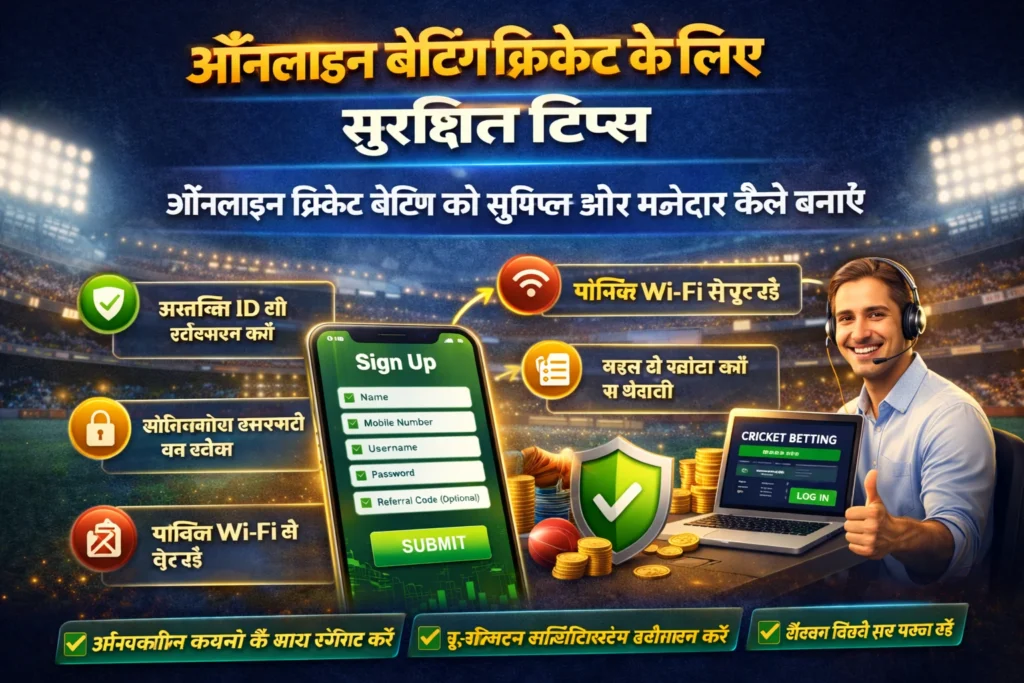 Safety tips infographic showing secure login, protected data icons, verified ID, and a support agent.