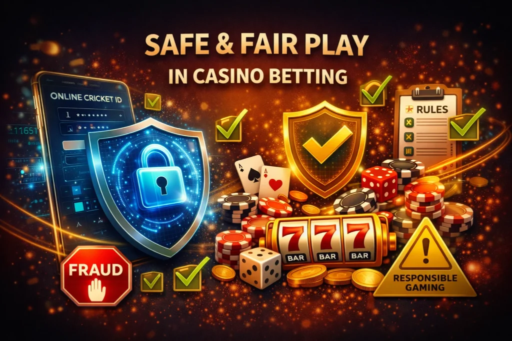 Digital artwork featuring security shields, fraud protection icons, rules checklist, responsible gaming symbols, poker chips, cards, and slot machine elements.